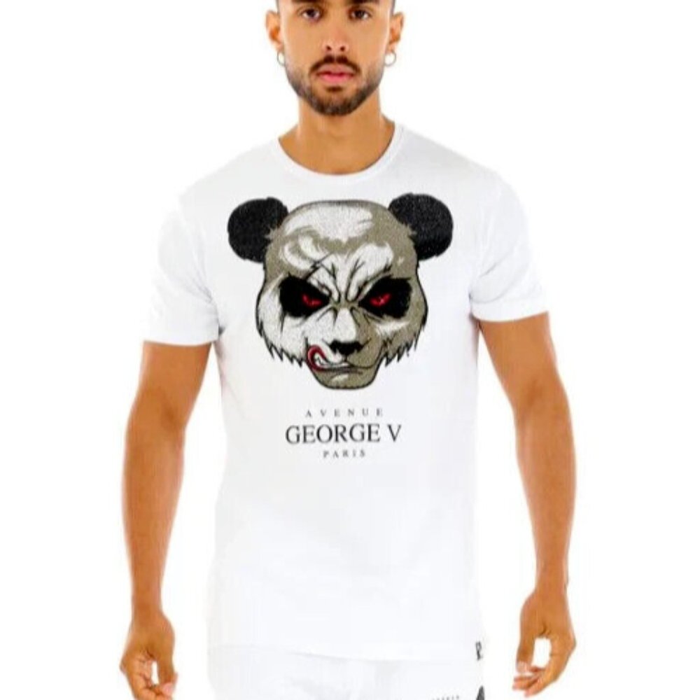 Avenue George V Paris T-Shirt Men's White Short Sleeve Teddy Bear Rhinestone XL